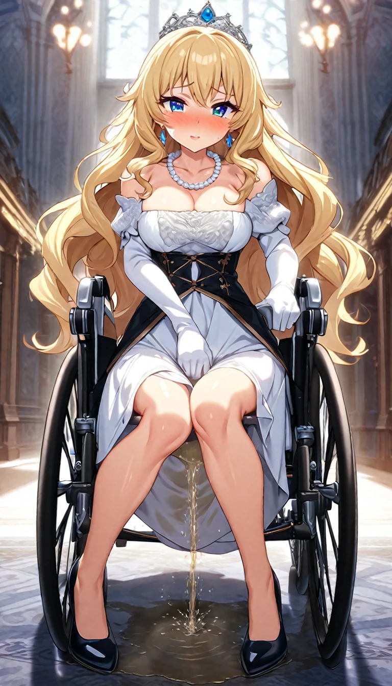 anime. 1 Girl. Cute girl. Princess. Disabled person. Blonde. Long hair. Wavy hair. Blue eyes. Beautiful eyes. Beautiful eyes. Expressive eyes. Ideal face. beautiful nose. 16 years. Medium breasts. Beautiful breasts. Urinary incontinence. Wants to pee. I need to pee. A strong, desperate urge to pee. Hands on crotch. He squeezes his crotch tightly. Rubs the crotch. She peed herself. Urine
flows down your thighs. Ideal anatomical body. Beautiful long legs. Diadem. Neat earrings. Pearl necklace. Luxurious white dress. Victorian style dress. White gloves. Heeled shoes. Wheelchair. Sits in a wheelchair. Full height.
The Royal Castle. Royal Garden. Beautiful character design. Shiny skin. Full body. NSFW. Official art. Extremely detailed CG Unity 8k wallpaper. Ideal lighting. Ultra high resolution 4K. Super detailed 8K resolution. A high resolution. Masterpiece. Best quality.