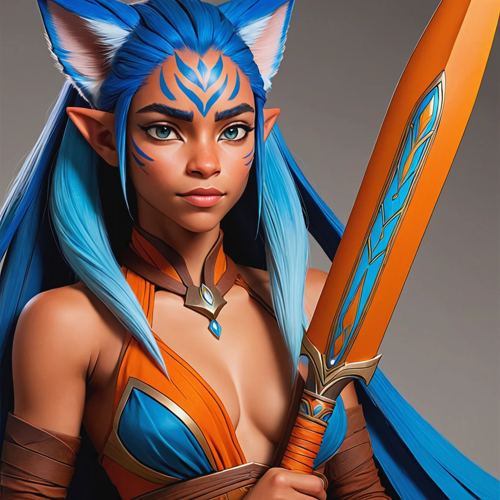 1girl, AhsokaS7, colored skin, IncrsUnsheathingAKatanaMeme, sheath, holding sheath, masterpiece, best quality, detailed  