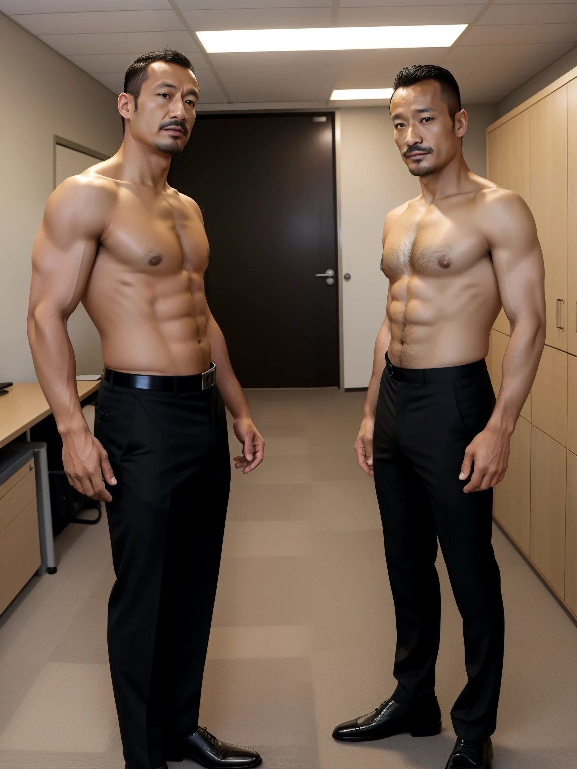 40 years old,Hidetoshi Nakata,(Kogoro Mori 1.3),office,Two skinny muscular men standing,whole body,Black socks,Thick body hair,Black lingerie,Topless,Densely hairy,Fortitude,HD,With a mustache,Polo Shirt