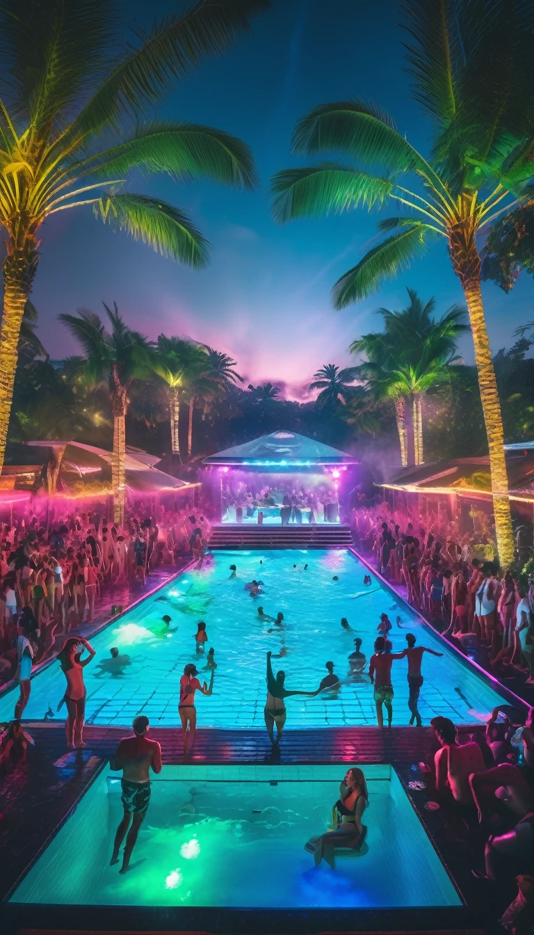 Realistic, ultra-detailed, Pool party, techno music, laser shows, drinks, many people in big pool, ultra detailed photography, 8k, hdr, film grain