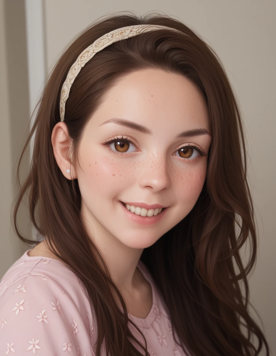 (GeGe:1.6), (woman, brunette, brown eyes, freckles), 44-year-old female、Sexy proportions、Sexy、hair band、Wear a high-necked top decorated with frills、No sleeve、Wear a miniskirt、Wear high socks、smile
