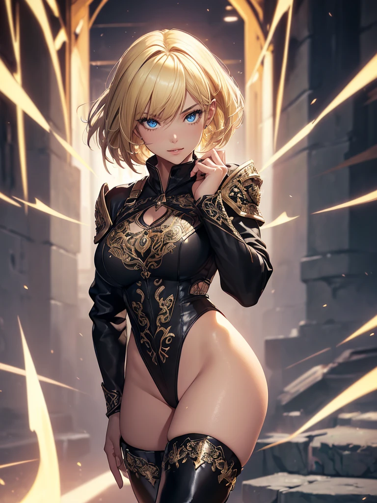 ((1girl, solo)), dark elf, dark-skinned female, beautiful body, (perfect anatomy, perfect body, perfect hands, perfect legs), (five fingers:1.5), natural proportions, sexy body, large breasts, (full body:1.5), cowboy shot, hand on hip BREAK
((extremely detailed face)), (beautiful detailed eyes:1.6), (realistic pupils, realistic iris:1), expressive eyes, looking at viewer, (clear eyes:1.3), (hyperrealistic:1.2), (detailed skin texture:1.2), smooth skin, pointy ears, yellow eyes, (blonde hair:1.5), (short hair:1.3), bangs, (detailed lips:1.2), (attractive lips:1.1), (glossy lips:1.1), (smile), parted lips, perfect face, perfect eyes BREAK
((black shirt)), long sleeves, white sleeves, (skin tight:1.5), gold trimmed, fingerless gloves, black short shorts, fur trimmed shorts, thighs, ass visible through thighs, black footwear, (thigh boots:1.5) BREAK
(masterpiece:1.5), anime-style, top quality, best quality, (beautiful and aesthetic:1.2), (ultra detail:1.5), Ultra-detailed depiction, Ultra-precise depiction, extremely detailed 8k illustration, high resolution, (highly detailed shading:1.2), (realistic lighting:1.4), perfect lighting, vibrant colors, dynamic tones, striking hues, 8k, absurd resolution, perfect shadows, hdr, UHD, ambient lighting, realistic, ultra-realistic, photo realistic, highly detailed, rich detail, luminous colors, fine texture, intricate design, professional illustration, (soft light:1.2), (illustration:0.7)
