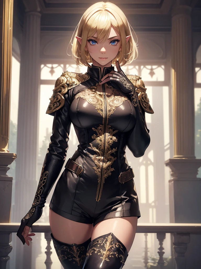 ((1girl, solo)), (full body:1.5), dark elf, dark-skinned female, pointy ears, beautiful body, (perfect anatomy, perfect body, perfect hands, perfect legs), (five fingers:1.5), natural proportions, sexy body, large breasts,  cowboy shot, hand on hip BREAK 

((extremely detailed face)), (beautiful detailed eyes:1.6), (realistic pupils, realistic iris:1), expressive eyes, looking at viewer, (clear eyes:1.3), (hyperrealistic:1.2), (detailed skin texture:1.2), smooth skin, (yellow eyes:1.5), (blonde hair:1.5), (short hair:1.3), bangs, (detailed lips:1.2), (attractive lips:1.1), (glossy lips:1.1), (smile), parted lips, perfect face, perfect eyes BREAK

((black shirt)), long sleeves, ((white sleeves)), (skin tight:1.5), gold trimmed, fingerless gloves, black shorts, short shorts, fur trimmed shorts, thighs, ass visible through thighs, black footwear, (thigh boots:1.5) BREAK

(masterpiece:1.5), anime-style, top quality, best quality, (beautiful and aesthetic:1.2), (ultra detail:1.5), Ultra-detailed depiction, Ultra-precise depiction, extremely detailed 8k illustration, high resolution, (highly detailed shading:1.2), (realistic lighting:1.4), perfect lighting, vibrant colors, dynamic tones, striking hues, 8k, absurd resolution, perfect shadows, hdr, UHD, ambient lighting, realistic, ultra-realistic, photo realistic, highly detailed, rich detail, luminous colors, fine texture, intricate design, professional illustration, (soft light:1.2), (illustration:0.7)