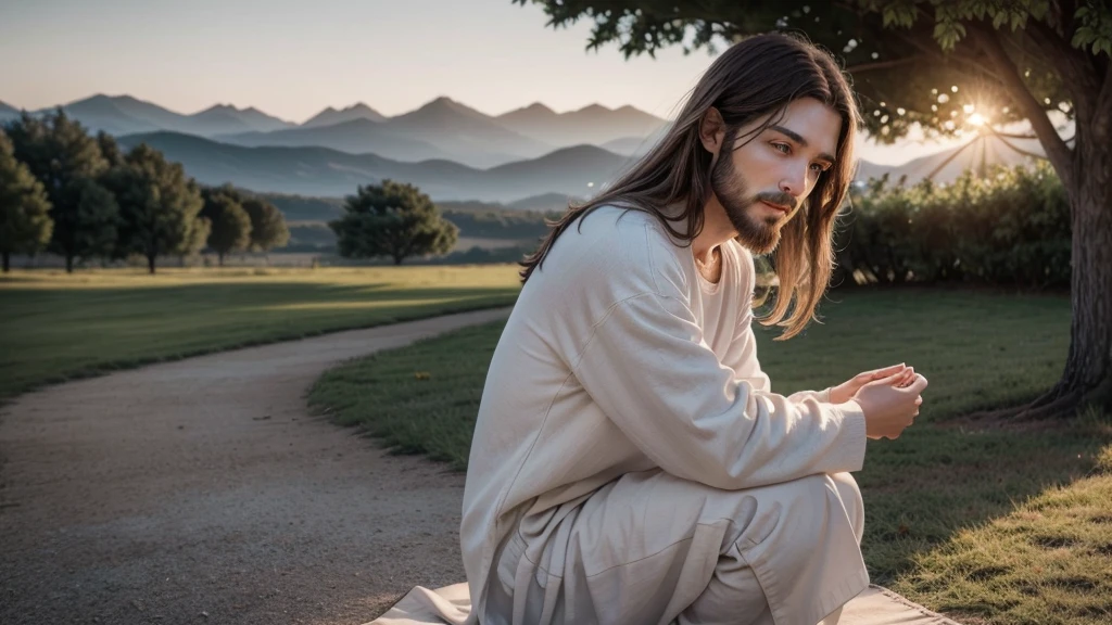 Title: "Divine Mercy"

Description:
Create a representation of Jesus Christ that captures your compassion and loving attention. He must be portrayed with a deep and welcoming look, conveying a sense of peace and understanding to those observing. Your facial expression should reflect not only kindness, but also a serenity that brings comfort and hope to hearts.

Environment and Composition:
The image must be set in a simple and spiritually significant setting. You might consider a background that suggests a calm environment, like a peaceful garden, a mountain at sunset, or a serene beach. The light must be soft, highlighting the figure of Jesus Christ in a way that highlights his divine presence.

Important Details:

Jesus Christ with dark brown hair and beard.
A look that conveys compassion and loving attention.
Simple garments, reflecting humility and simplicity.
Feeling to convey:
The image should evoke a feeling of spiritual comfort and closeness to the divine, inviting those who observe it to feel welcomed and understood by the mercy of Christ.