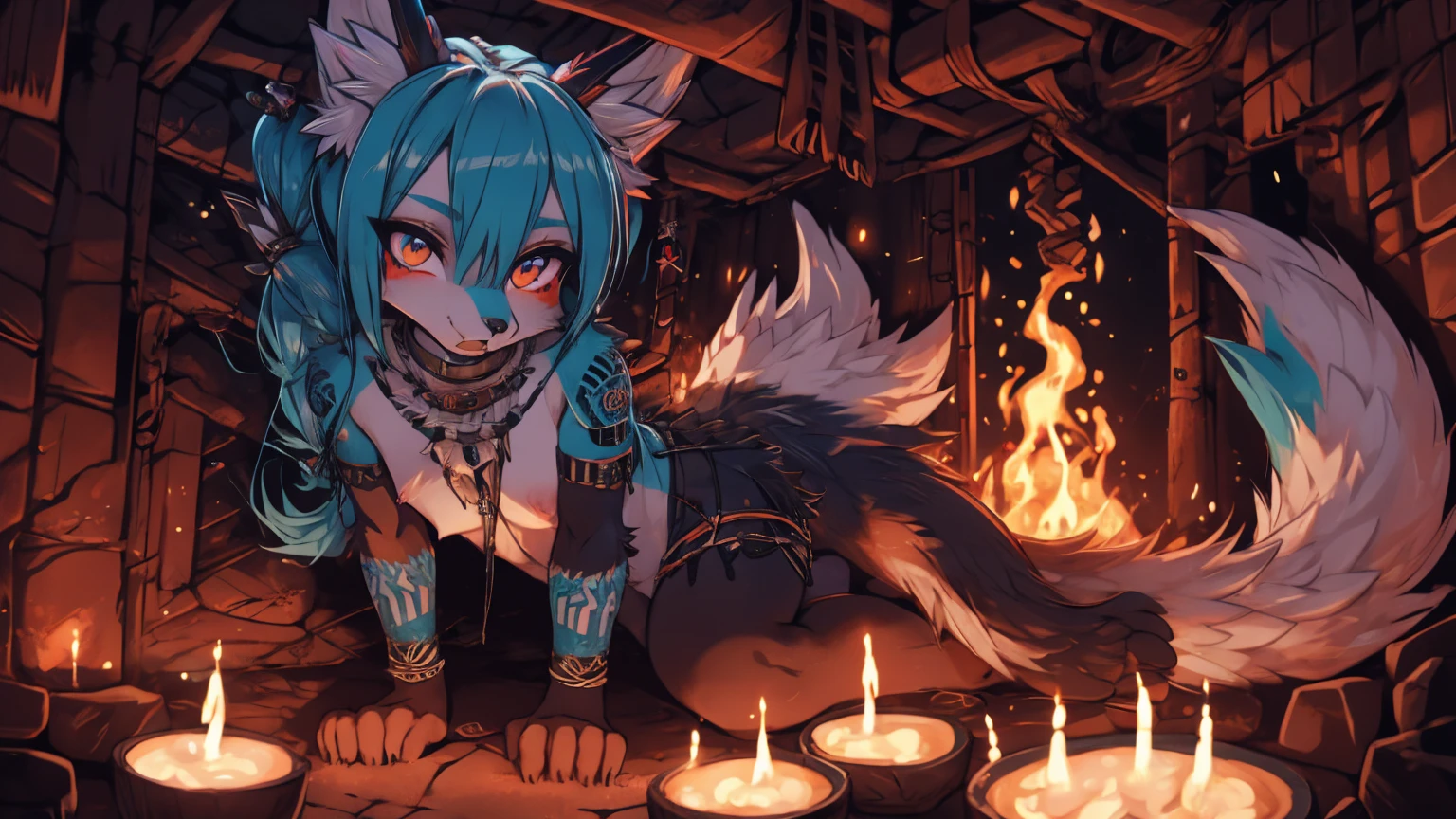 Miku Hatsune, add high definition_detail:1, blue fur,kitsune ears, tribal tattoo add_detail:1, in hell add_detail, barefoot, the same