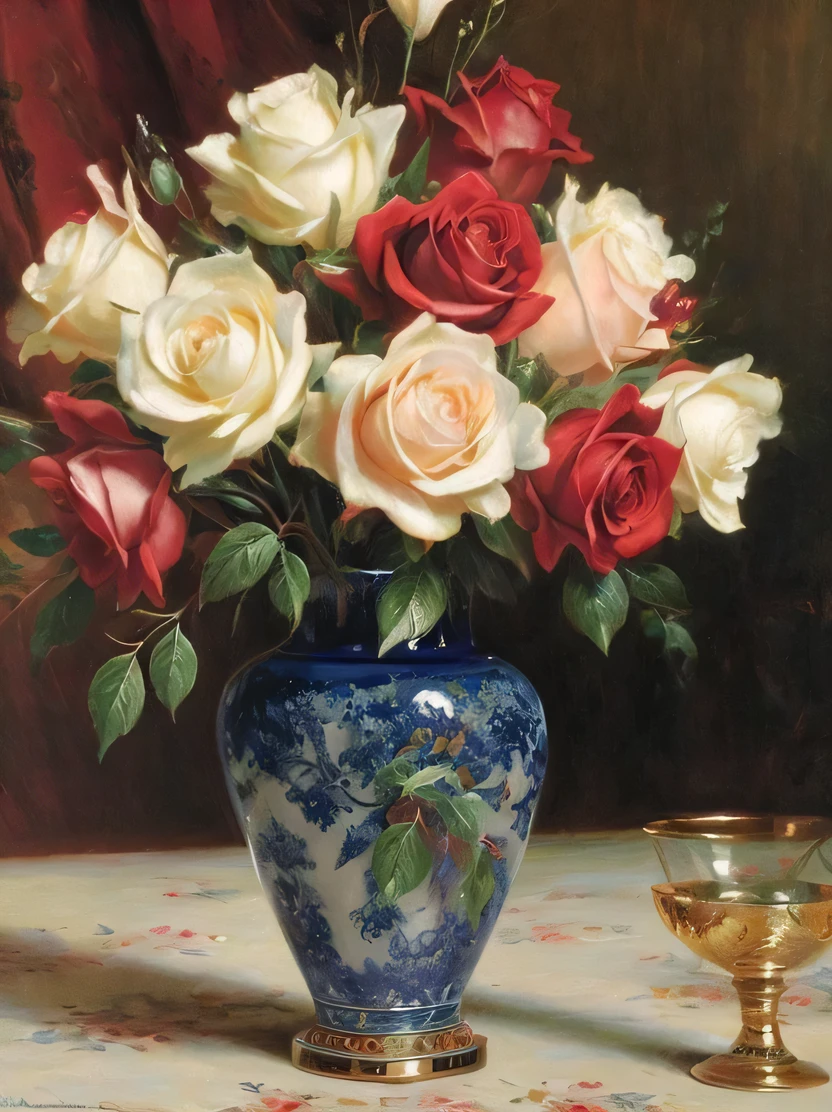 ((masterpiece、Highest quality、Very detailed、High resolution、Realistic、Sharp focus))、((No humans))、Blue rose、A large vase on a red tablecloth、masterpiece