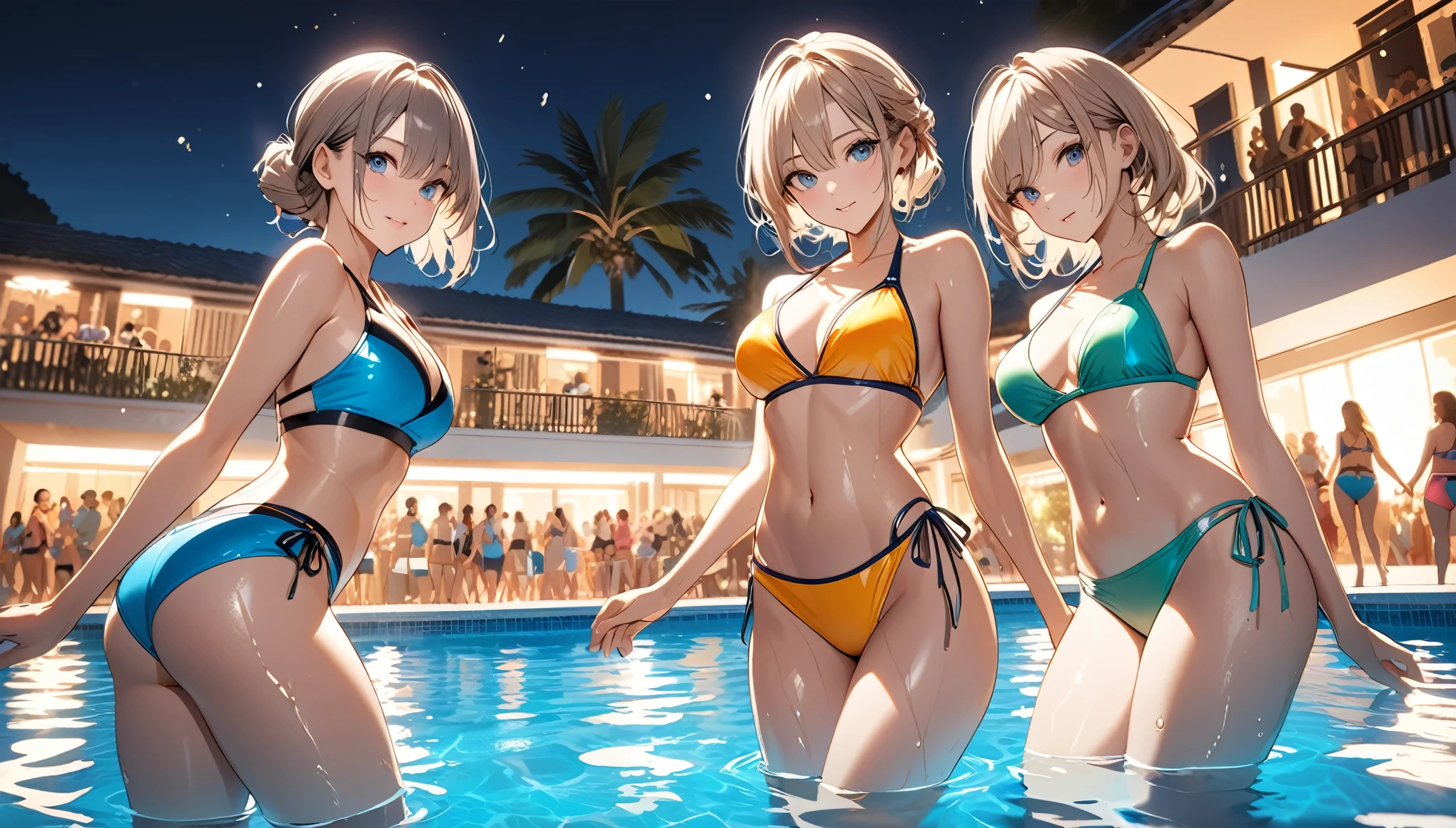 Commemorative photo of the three friends, Sexy bikini swimwear, Three beautiful women playing together, A luxurious pool party venue crowded with many people,
BREAK Professional spray work, Detailed and intricate texture, Detailed and intricate brushwork, Detailed and clear depiction, Anatomically correct, Absurd aesthetics,
BREAK Detailed and attractive skin texture, A wet body emphasizes the sexiness of an adult.,
BREAK Clear and captivating eyes, Seductive gaze, (Glossy feel), Brightly colored swimsuits,
BREAK Aesthetic resort pool background that makes your subject stand out, A crowded resort pool, dramatic cinematographic lighting,
Dynamic shot, (eye level shot), Bold and sexy footage shot by professional photographers,
BREAK Highest quality, Highest Resolution, Optimized Octane Rendering, super retina vision,