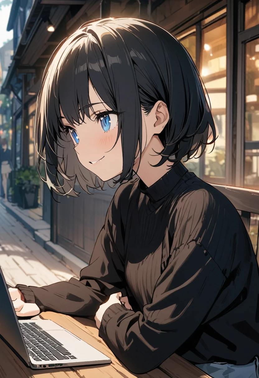 1girl, solo, blue eyes, (detailed eyes), flat chest, short hair, black hair, upper body, gentle smile on her face, , sitting up straight((masterpiece, illustration, best quality)) Fashionable open café、Woman using laptop on terrace seat、stitting, 20yr old、A smile、frontage、The upper part of the body、black hair、short-hair、The upper part of the body、closeup
