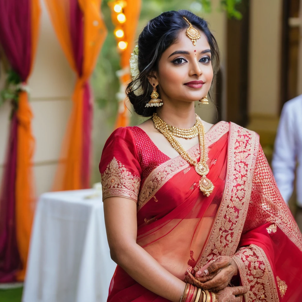 An indian girl wearing bengali red saree on a wedding event