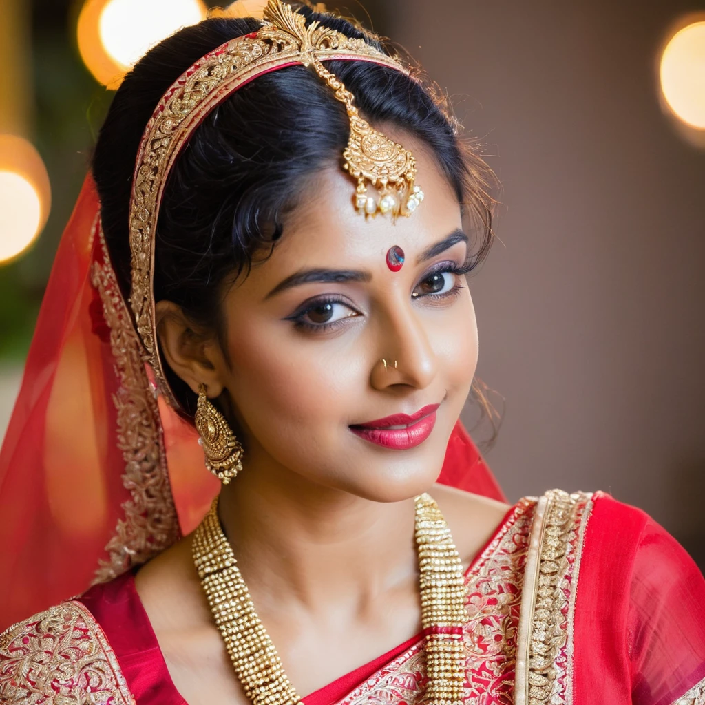 An indian girl wearing bengali red saree on a wedding event