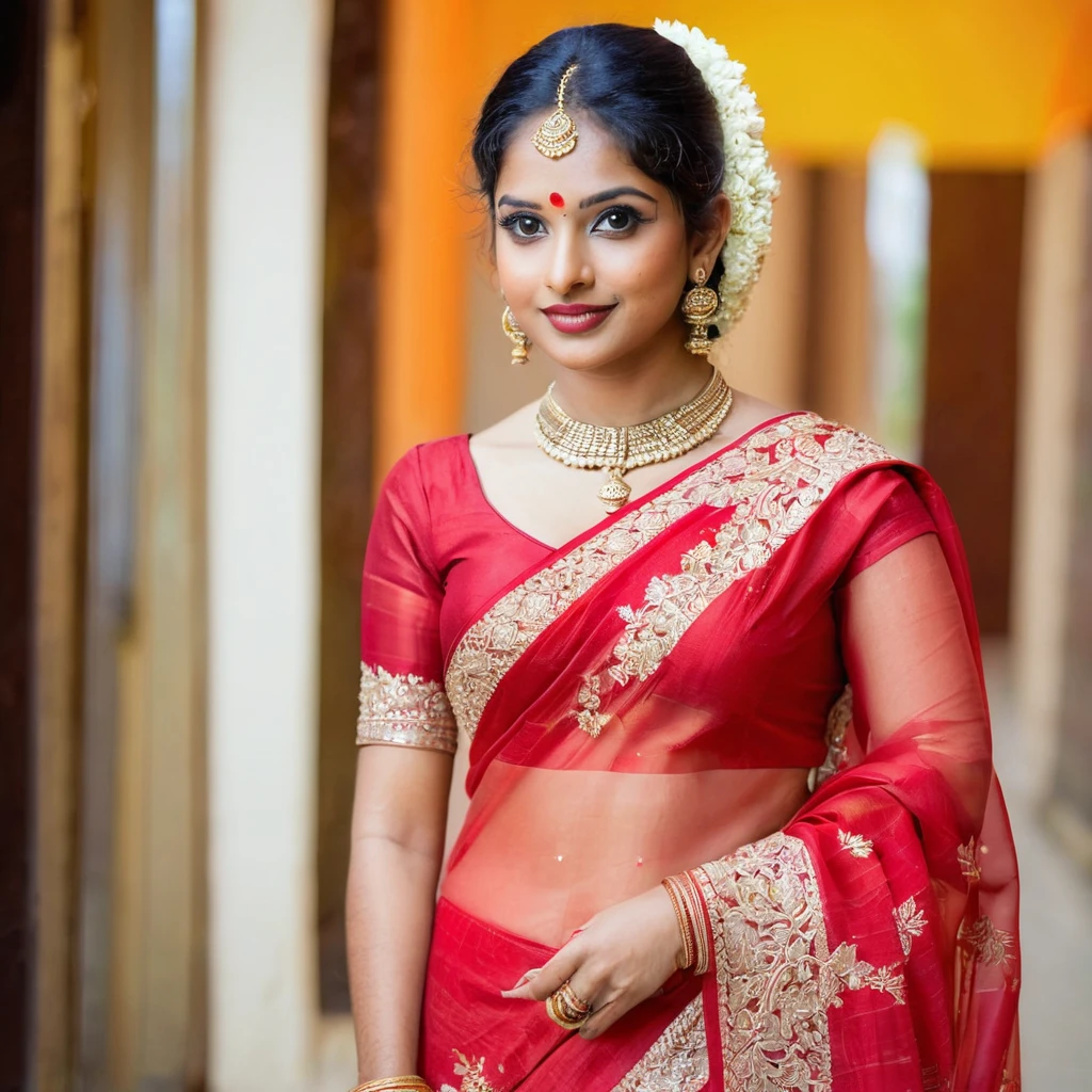 An indian girl wearing bengali red saree on a wedding event 