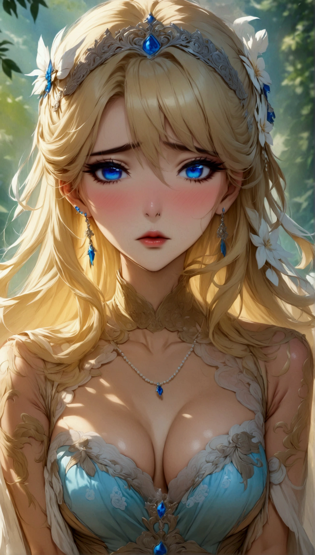 a beautiful blonde girl with blue eyes, detailed face, long eyelashes, detailed eyes, detailed lips, elegant dress, serene expression, standing in a lush garden, warm lighting, photorealistic, highly detailed, 8k, best quality, masterpiece
