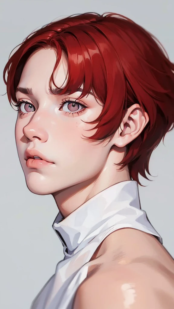 ((1_male)), boy, angry, front face, portrait, centered, solo, short hair, red hair, white skin, visible shoulders, clean line