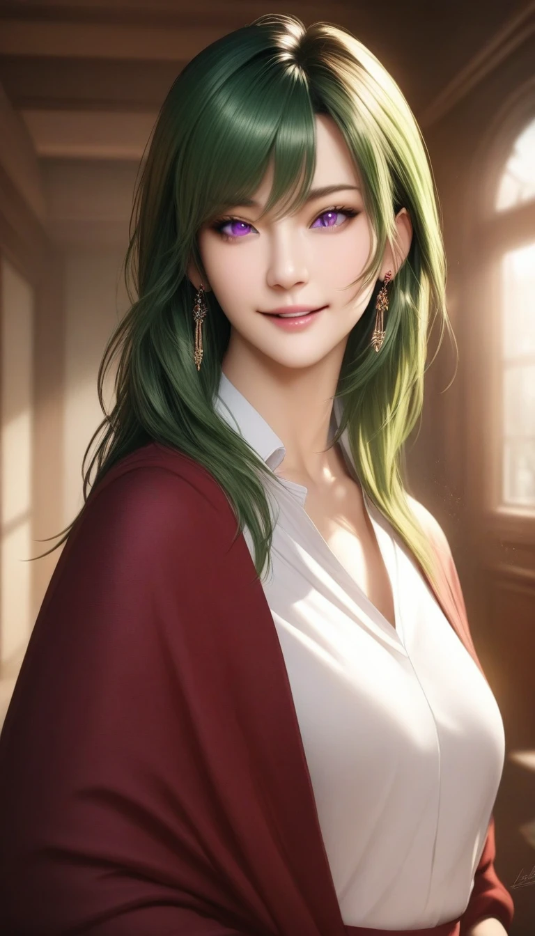 masterpiece, best quality, very aesthetic, absurdres, 1girl, mature_lady,animetoreal,realistic,photorealistic, smile,,1other, ryuushen, nijisanji, virtual youtuber, 1other, green hair, purple eyes, androgynous, short hair, jewelry, ahoge, earrings, long hair,Scandinavian - Emphasizes minimalism, natural light, and simplicity in design.,floating_hair