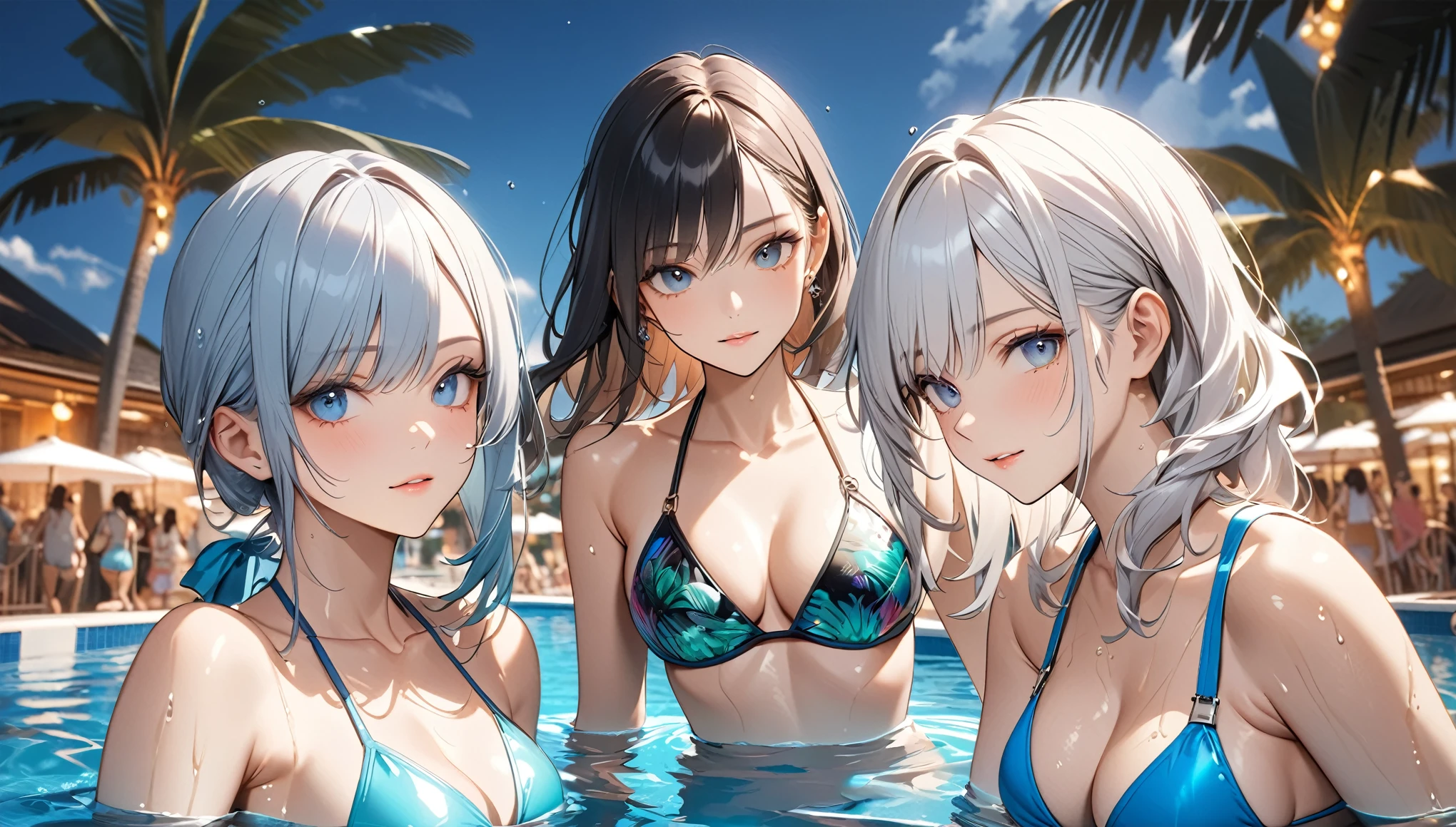 Commemorative photo of the three friends, Sexy bikini swimwear, Three beautiful women playing together, A luxurious pool party venue crowded with many people, 
BREAK Professional spray work, Detailed and intricate texture, Detailed and intricate brushwork, Detailed and clear depiction, Anatomically correct, Absurd aesthetics, 
BREAK Detailed and attractive skin texture, A wet body emphasizes the sexiness of an adult., 
BREAK Clear and captivating eyes, Seductive gaze, (Glossy feel), Brightly colored swimsuits, 
BREAK Aesthetic resort pool background that makes your subject stand out, A crowded resort pool, dramatic cinematographic lighting, 
Dynamic shot, (eye level shot), Bold and sexy footage shot by professional photographers, 
BREAK Highest quality, Highest Resolution, Optimized Octane Rendering, super retina vision, 