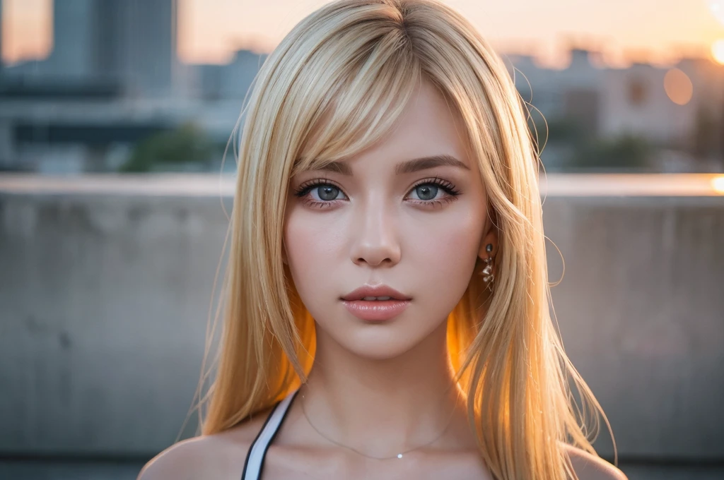 Close-up portrait, Sexy SS Blonde, parted lips, lips, Casual Dresses, View your viewers, Concrete wall background, Sunset Light, Realistic