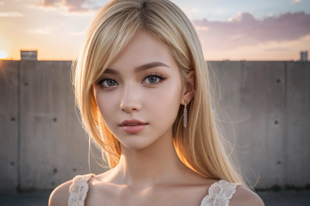 Close-up portrait, Sexy SS Blonde, parted lips, lips, Casual Dresses, View your viewers, Concrete wall background, Sunset Light, Realistic