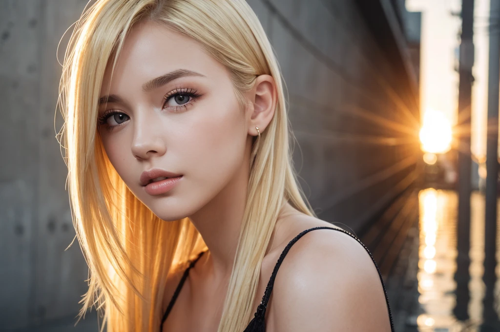Close-up portrait, Sexy SS Blonde, parted lips, lips, Casual Dresses, View your viewers, Concrete wall background, Sunset Light, Realistic