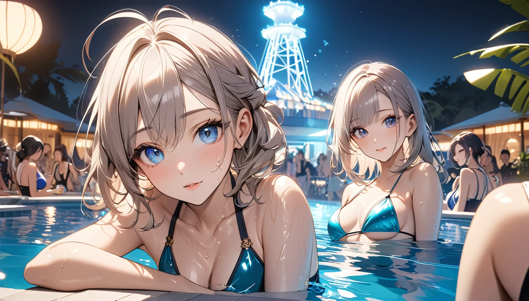 Commemorative photo of the three friends, Sexy bikini swimwear, Three beautiful women playing together, A luxurious pool party venue crowded with many people, 
BREAK Professional spray work, Detailed and intricate texture, Detailed and intricate brushwork, Detailed and clear depiction, Anatomically correct, Absurd aesthetics, 
BREAK Detailed and attractive skin texture, A wet body emphasizes the sexiness of an adult., 
BREAK Clear and captivating eyes, Seductive gaze, (Glossy feel), Brightly colored swimsuits, 
BREAK Aesthetic resort pool background that makes your subject stand out, A crowded resort pool, dramatic cinematographic lighting, 
Dynamic shot, (eye level shot), Bold and sexy footage shot by professional photographers, 
BREAK Highest quality, Highest Resolution, Optimized Octane Rendering, super retina vision, 