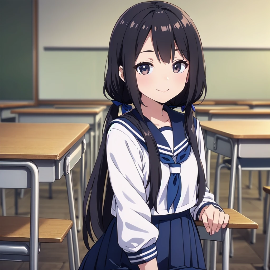 1girl, sitting, hands up in front, head tilt, smile, 15yo,
classroom, indoors, school chair, school desk, (low twintails girl), low pigtails, hair ribbon  white, very long black hair,
white serafuku with blue ribbon, navy-blue collar, navy-blue skirt,
(dark brown eye), afternoon, summer,
school,
(from front:1.4), upper body,
anime, high brightness, detailed face, detailed eyes,
(high quality, ultra detailed, masterpiece, FHD)