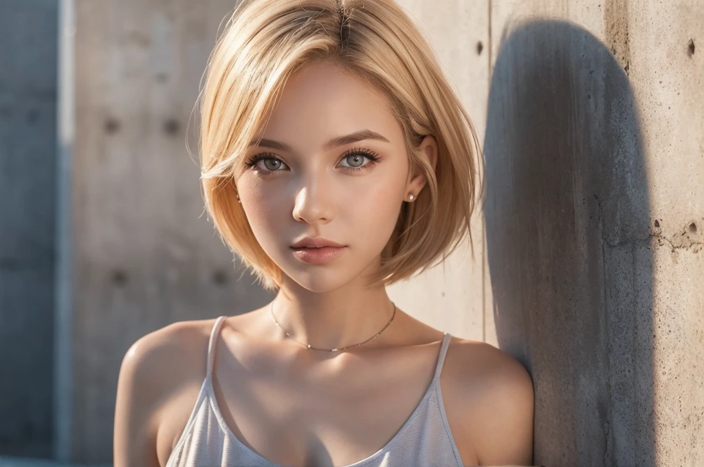 Close-up portrait, Sexy SS Blonde, parted lips, lips, Casual Dresses, View your viewers, Concrete wall background, Sunset Light, Realistic,short hair