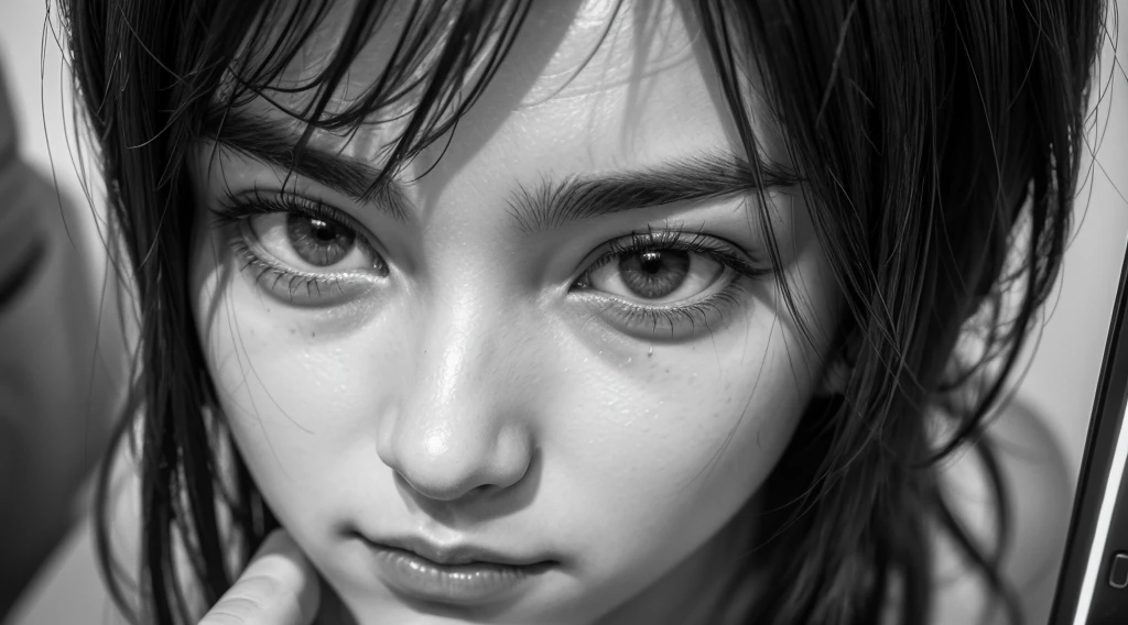 create an image with Man looking at the phone with a hypnotized expression, surrounded by instant pleasure icons, black and white anime style