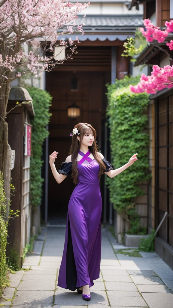 Full body, very very long hair brown rapunzel, cosplay Anime girl in a purple and black dress with a purple sakura flower in her hair, artwork in the style of Gweitz, Gweitz, japanese Girl, Trending on cgstation, Cute anime  in a nice dress, Gweitz on pixiv artstation, palace ， Girl in Hanfu, Beautiful digital art, Gweitz on artstation pixiv, very very long brown hair rapunzel, dancing, walking, background japan city, excited