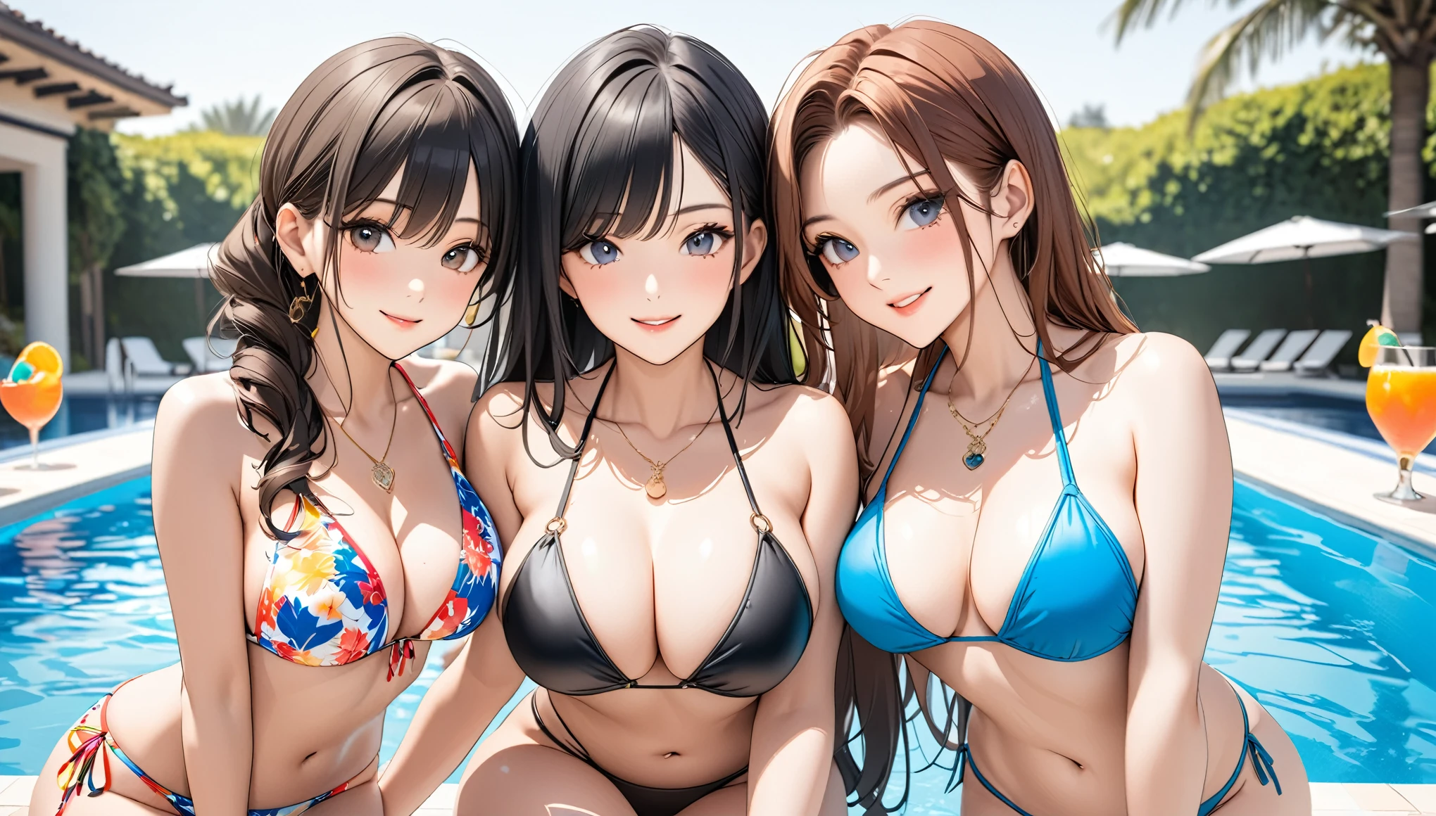 Commemorative photo of the three friends, Sexy bikini swimwear, Three beautiful women playing together, A luxurious pool party venue crowded with many people, 
BREAK Professional spray work, Detailed and intricate texture, Detailed and intricate brushwork, Detailed and clear depiction, Anatomically correct, Absurd aesthetics, 
BREAK Detailed and attractive skin texture, A wet body emphasizes the sexiness of an adult., 
BREAK Clear and captivating eyes, Seductive gaze, (Glossy feel), Brightly colored swimsuits, 
BREAK Aesthetic resort pool background that makes your subject stand out, A crowded resort pool, dramatic cinematographic lighting, 
Dynamic shot, (eye level shot), Bold and sexy footage shot by professional photographers, 
BREAK Highest quality, Highest Resolution, Optimized Octane Rendering, super retina vision, 