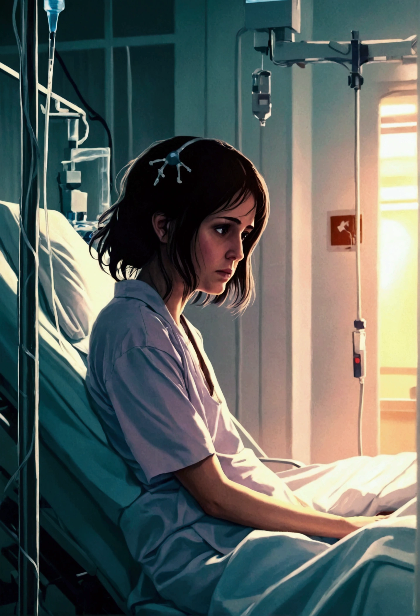Make a  with sad look in a hospital, she has cancer 