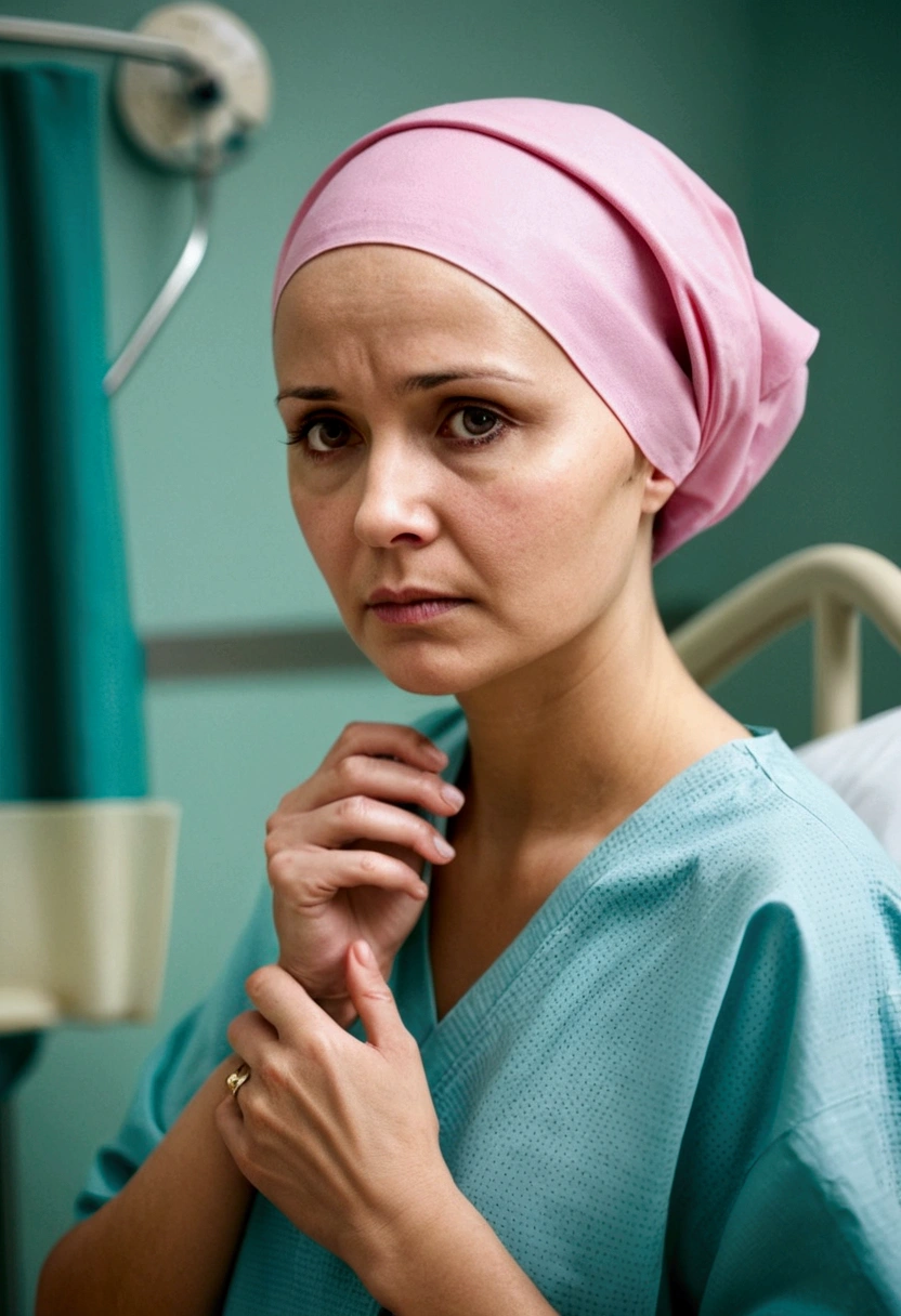 Make a with sad look in a hospital, she has cancer