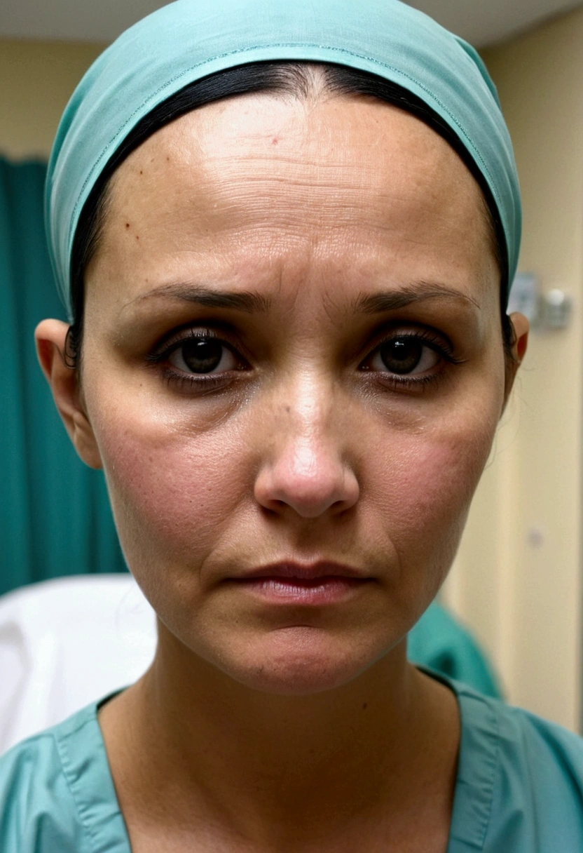 Make a  with sad look in a hospital, she has cancer 