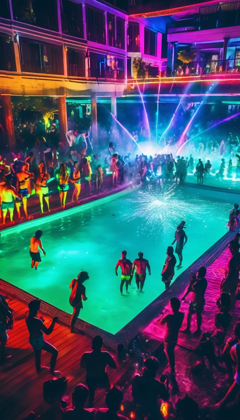 Realistic, ultra-detailed, Pool party, techno music, colorfull laser shows, drinks, many people in big pool, ultra detailed photography, 8k, hdr, film grain