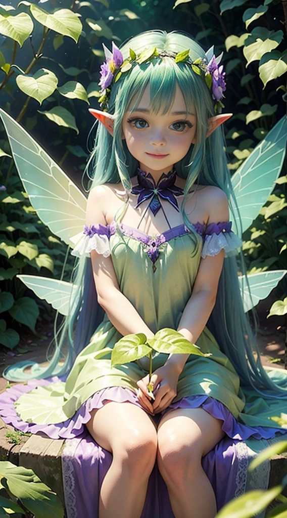 cute little fairy, transparent wings, transparent emerald green fairy wings, long hair with a blue and purple gradient, pointed ears, flower crown, dress made of leaves, lots of flowers, leaves, sitting on a big leaf, leaves, big flower, flower crown, sunlight, sitting, sparkling, light, smiling gently