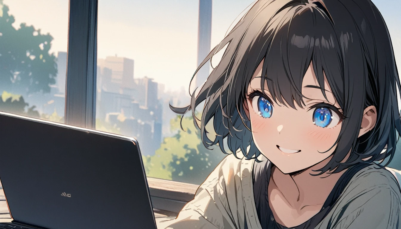 1girl, solo, blue eyes, (detailed eyes), flat chest, short hair, black hair, upper body, gentle smile on her face, , sitting up straight((masterpiece, illustration, best quality)) Fashionable open café、Woman using laptop on terrace seat、stitting, 20yr old、A smile、frontage、The upper part of the body、black hair、short-hair、The upper part of the body、closeup