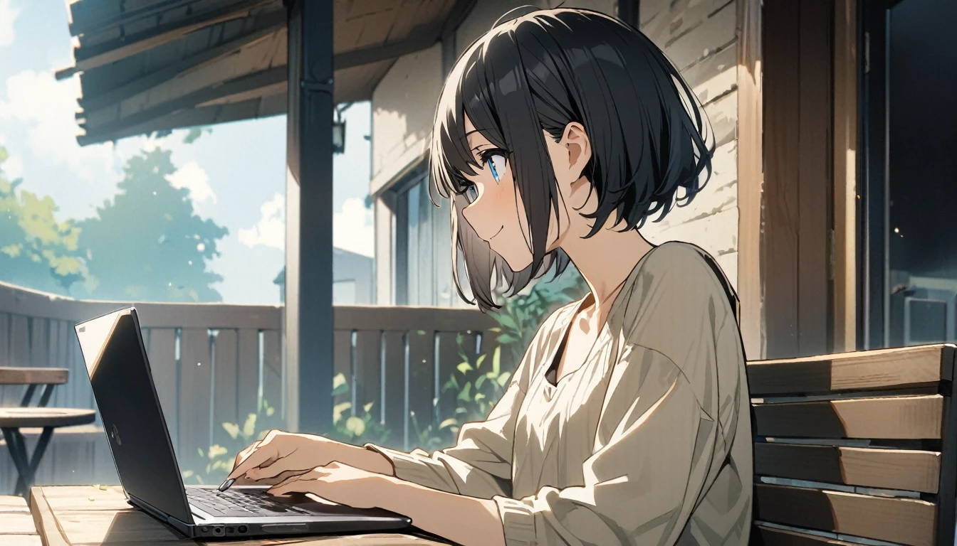1girl, solo, blue eyes, (detailed eyes), flat chest, short hair, black hair, upper body, gentle smile on her face, , sitting up straight((masterpiece, illustration, best quality)) Fashionable open café、Woman using laptop on terrace seat、stitting, 20yr old、A smile、frontage、The upper part of the body、black hair、short-hair、The upper part of the body、closeup