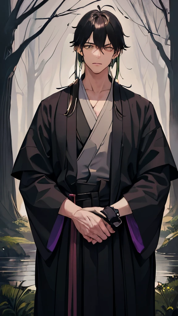 (naughty man) Youngh, (whole body) Defined and slim, muslos grandes, (Large male kimono) black coloration, with purple bands, (gray button-down shirt underneath), (black hair with dark green highlights and wavy), (aretes), (collars), (paisaje) marsh, the night, dark surroundings, tree next door, (Body Position) standing touching a tree with your left hand (beautiful face)
