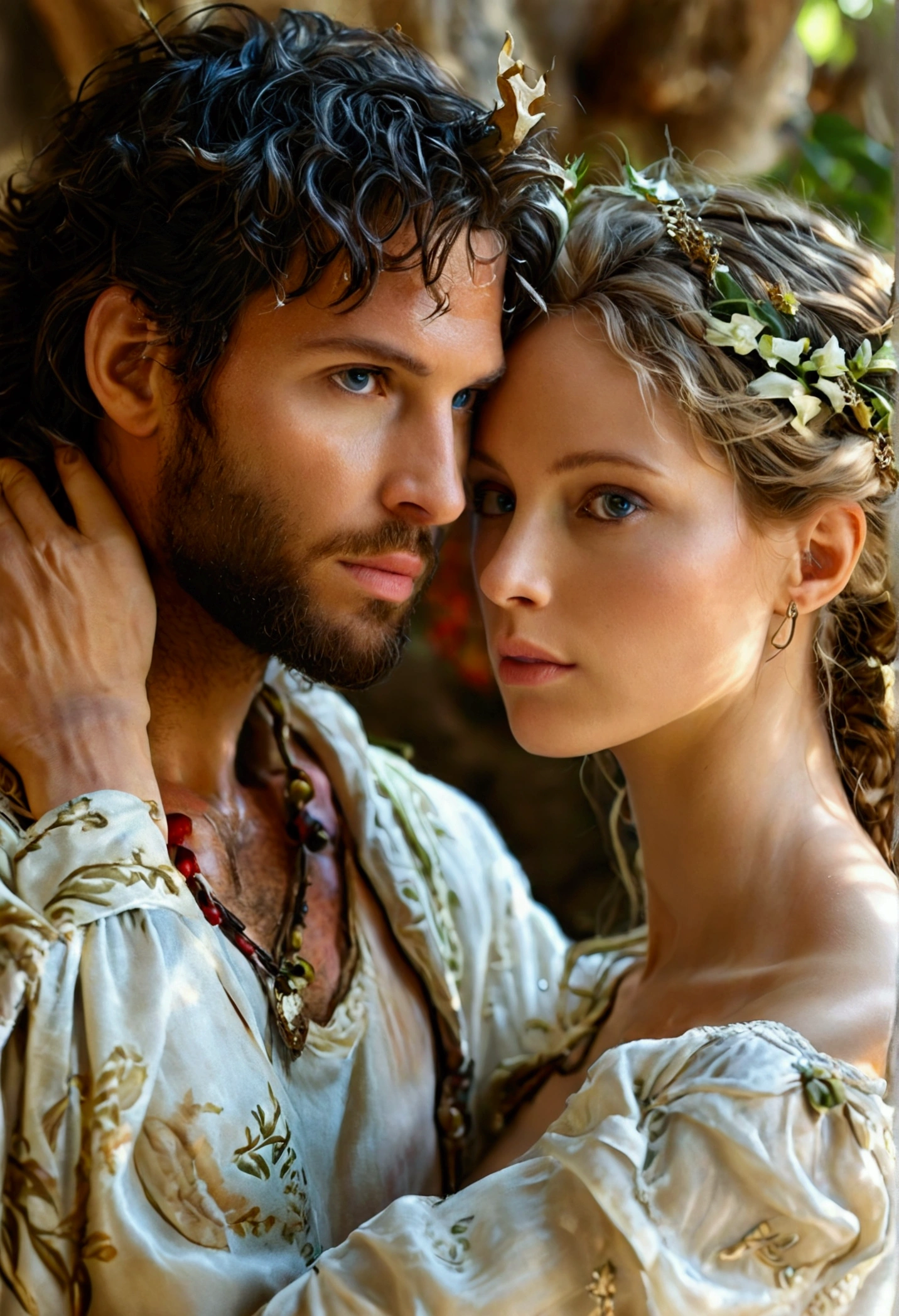 A male Bible character and a female Bible character representing Adam and Eve created in the image of God, detalhes realista, maximum detail.
