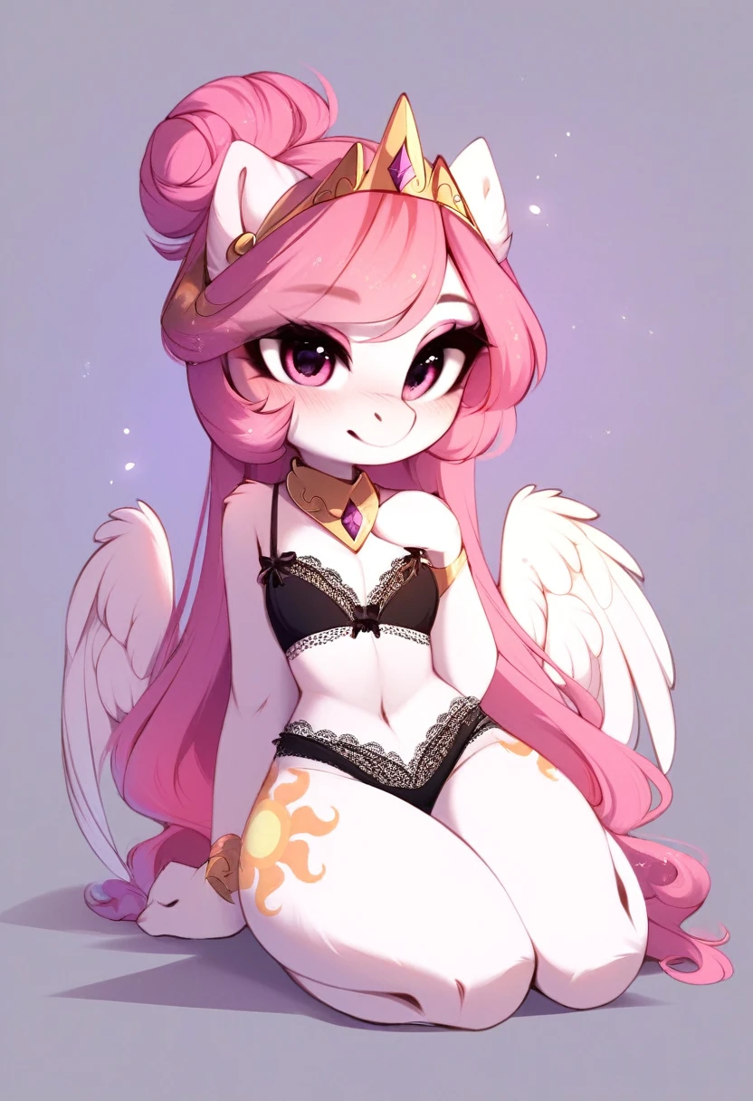 check_9, check_8_up, check_7_up, source_fluffy, rating_safe, from Magnaluna, Celestia poses seductively in a white bedroom, dark pink mane with gold stripes in it, hair bun with bangs, pink eyes, white body, thick thighs, anthro, blushing, wearing lingerie, full body
