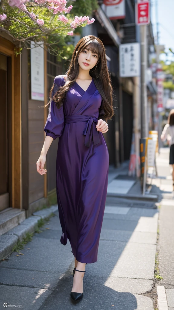 Full body, very very long hair brown rapunzel, cosplay Anime girl in a purple and black dress with a purple sakura flower in her hair, artwork in the style of Gweitz, Gweitz, japanese Girl, Trending on cgstation, Cute anime in a nice dress, Gweitz on pixiv artstation, palace , Girl in Hanfu, Beautiful digital art, Gweitz on artstation pixiv, very very long brown hair rapunzel, dancing, walking, background japan city, excited