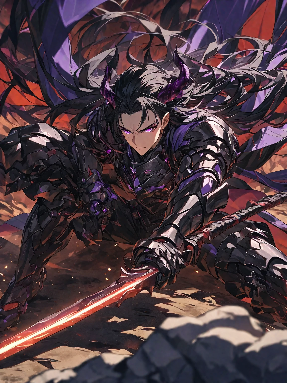 One, handsome, 1 man, with a sporty body, V-shaped body, black detailed armor with glowing purple details, black demonic horns, long hair, black hair, purple with red tones of reptile eyes, purple threads, In combat position, a man has a big and long sword in his hand, Against the background of war