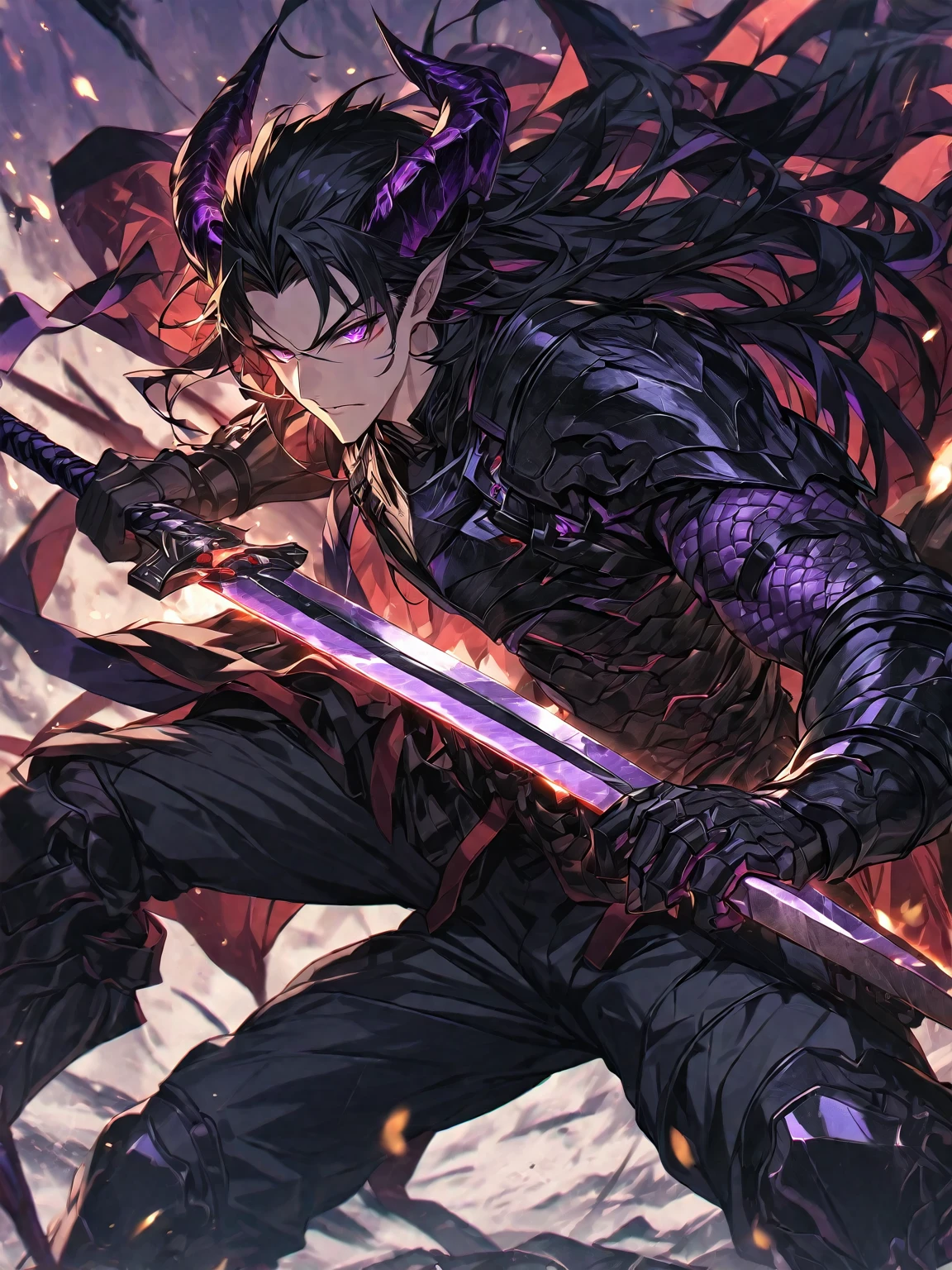 One, handsome, 1 man, with a sporty body, V-shaped body, black detailed armor with glowing purple details, black demonic horns, long hair, black hair, purple with red tones of reptile eyes, purple threads, In combat position, a man has a big and long sword in his hand, Against the background of war