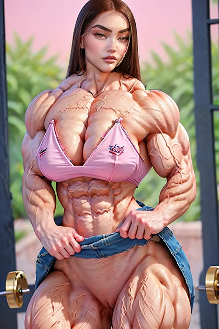 (2 girls body builders:1.6), ((masterpiece)), best quality, ultra-detailed:1.7, finely detail, high resolution:1.6, perfect dynamic composition, beautiful detailed faces:1.77, blonde babes:1.88, perfect red lipstick, perfect makeup:1.8, short denim bikini , large breasts:1.4, lovely look:1.7, gorgeous face:1.6, defined muscles:1.4, beautiful faces:1.8, alessandra ambrossio, izabel goulart, Kate Upton, Gigi Hadid, candice swanpoel ,popped out dense veins on muscles:1.8, hyper detailed picture:1.4, 8k resolution: 1.7, flex muscles:1.3, hyper muscular body shape:1.42, photorealistic:1.5, realistic:1.6, face masterpiece:1.74, good and professional lighting on picture:1.38, Ukrainian-Moroccan muscle beauty goddess, masterpiece 22 years old Ariana Grande and Jennifer Lopez as bodybuilders, extremely high resolution, hyper feminine beauty , hyper realistic texture , extra large , hyper muscularity, hyper vascularity, ass of titanium, muscles of steel, ripped body shape, ripped sexy ass with bikini, muscular ass , topless, kissing, good face details, hyper face detailing, doing sex, super romantic moment, hyper romantic, romantic kiss, nude females, perfect symmetrical face, sexy french kiss with tongues, serious muscle posing, exaggerated muscular body, extremely shredded, flexing and posing muscles as bodybuilder, exaggerated veins on biceps