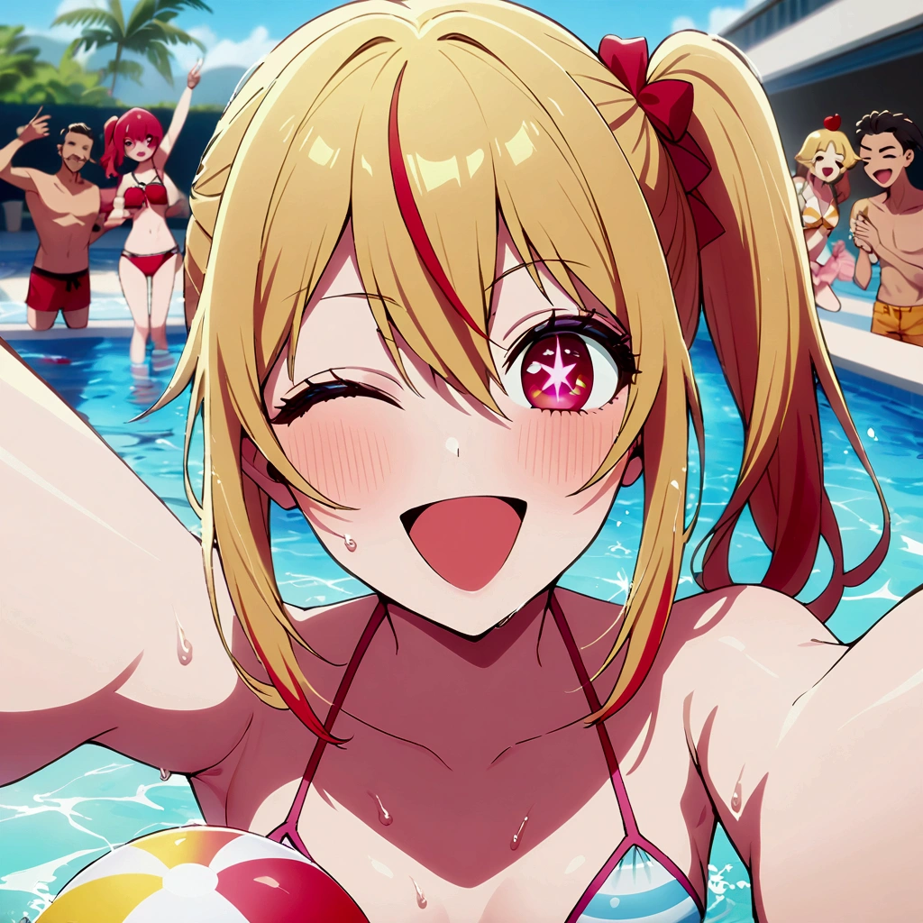 (Pool Party), swimsuit crowd boys, young people having fun at a pool, one girl among many men, hoshinoruby, star-shaped pupils, ruby_hoshino, idol, blonde hair, pink and red eyes, left side ponytail, one eye closed, right wink, streaked hair, hair between eyes, small breasts, looking at viewer, best quality, masterpiece, high quality, extremely detailed CG unity 8k wallpaper, highres, intricate details, everyone enjoys partying, multi pose, colorful swim rings, big beach balls, water splashing, caustics, glass of cocktail, blurry background, partially underwater shot, (selfie),