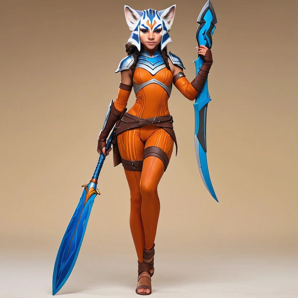 1girl, AhsokaS7, colored skin, IncrsUnsheathingAKatanaMeme, sheath, holding sheath, masterpiece, best quality, detailed  