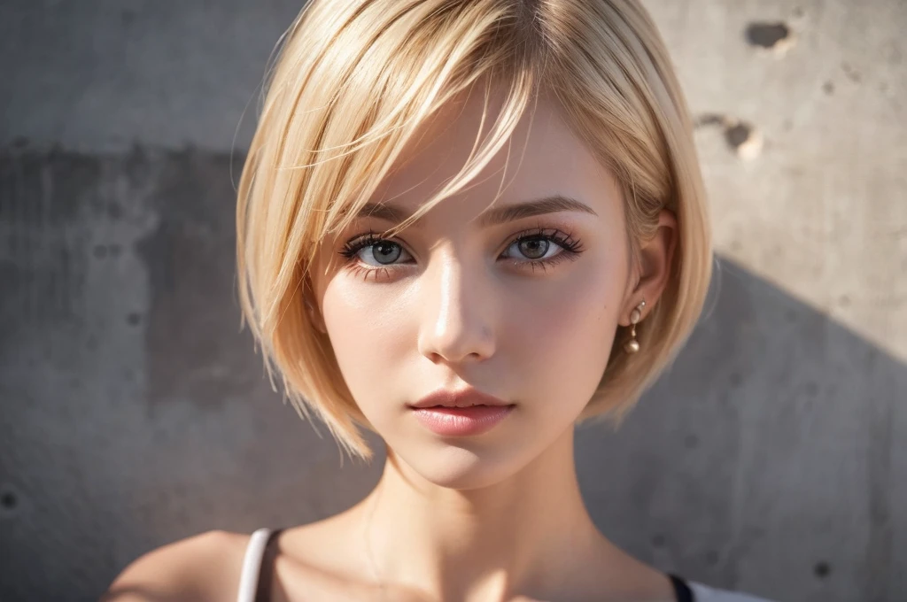 Close-up portrait, Sexy SS Blonde, parted lips, lips, Casual Dresses, View your viewers, Concrete wall background, Sunset Light, Realistic,short hair
