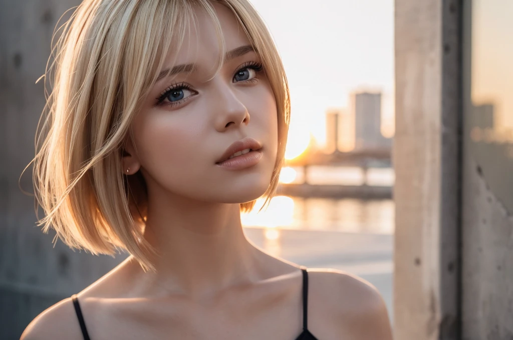 Close-up portrait, Sexy SS Blonde, parted lips, lips, Casual Dresses, View your viewers, Concrete wall background, Sunset Light, Realistic,short hair