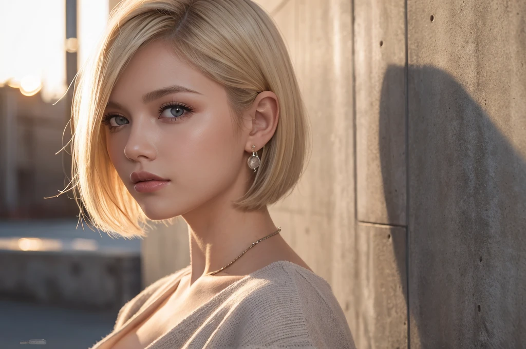 Close-up portrait, Sexy SS Blonde, parted lips, lips, Casual Dresses, View your viewers, Concrete wall background, Sunset Light, Realistic,short hair