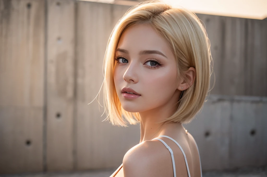 Close-up portrait, Sexy SS Blonde, parted lips, lips, Casual Dresses, View your viewers, Concrete wall background, Sunset Light, Realistic,short hair