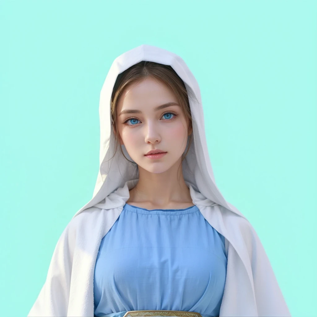 Beautiful woman with light blue eyes, Wears a blue tunic with wide, long sleeves adjusted at the waist by a white sash, wears a white cloak