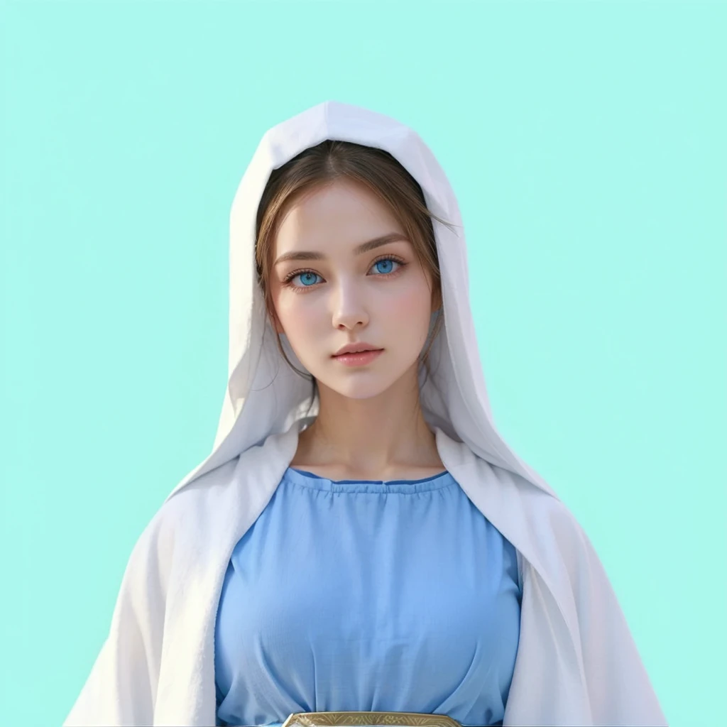 Beautiful woman with light blue eyes, Wears a blue tunic with wide, long sleeves adjusted at the waist by a white sash, wears a white cloak